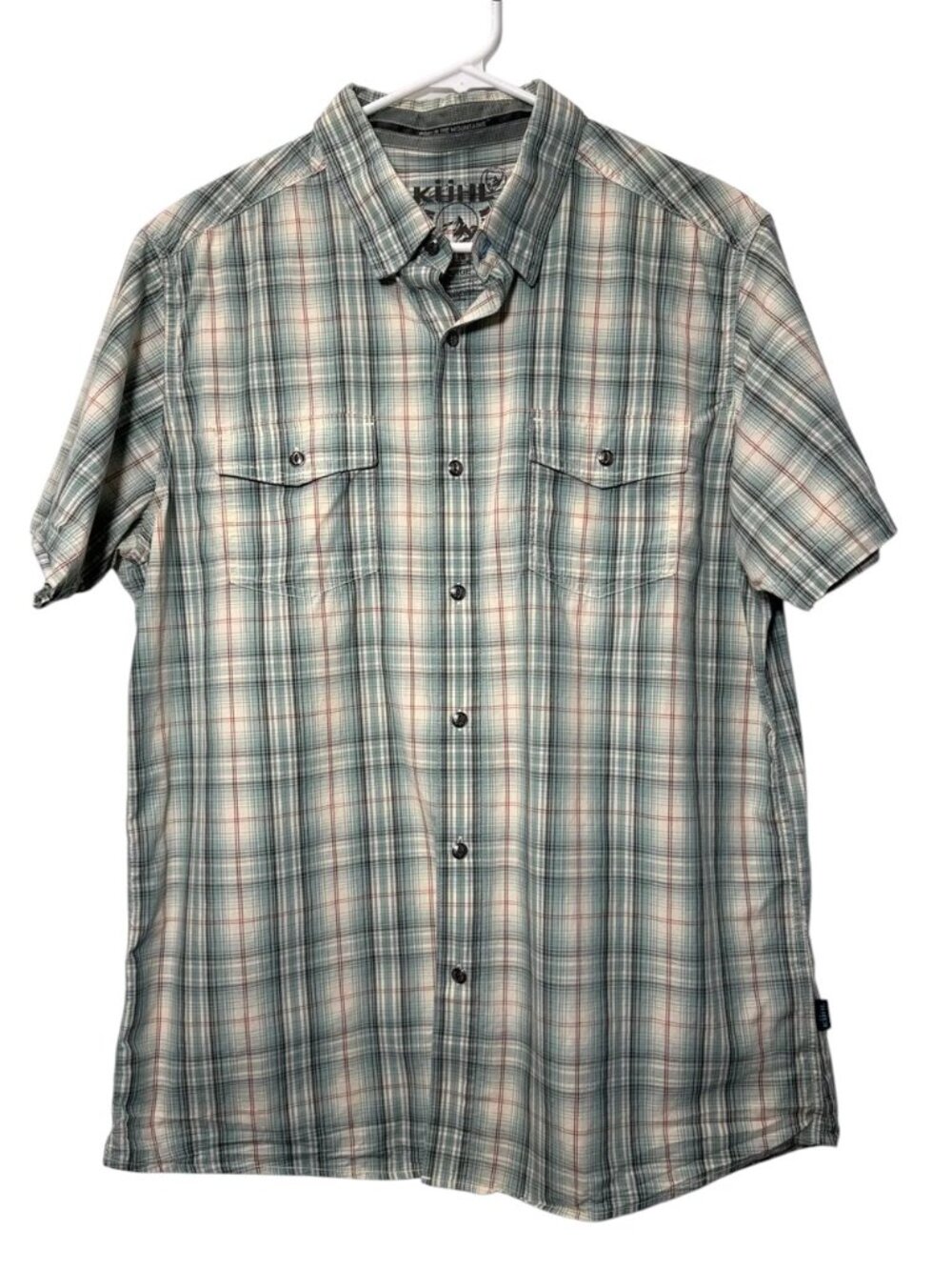 Kuhl Men's Short Sleeve Green Blue Plaid Button Up Shirt Outdoor Hiking Large